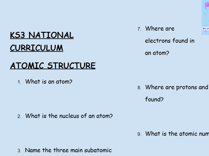 KS3 Chemistry: Atomic Structure – 30 Question Retrieval Worksheet