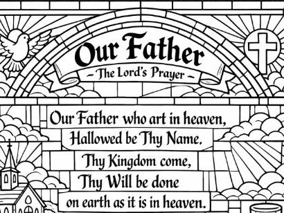 Our Father the lord's prayer stained glass Colouring page and words