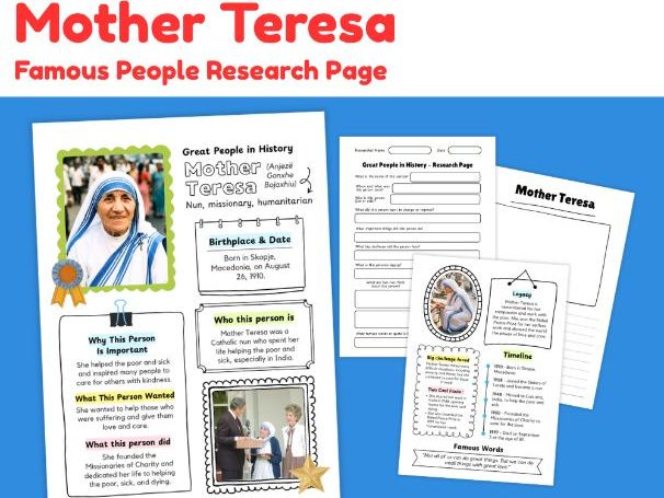 Mother Teresa Biography Research Worksheets | Famous Humanitarian Study