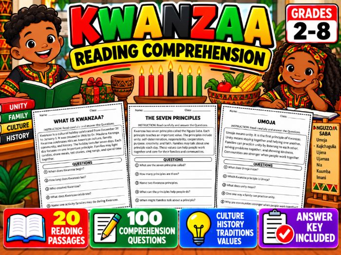Kwanzaa Reading Comprehension | 20 Passages & 100 Questions | Grades 2–8