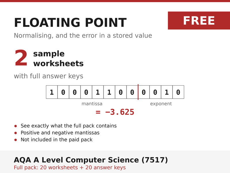 FREE Floating Point Binary Sample | AQA A Level Computer Science 7517 | 2 Worksheets + Answers