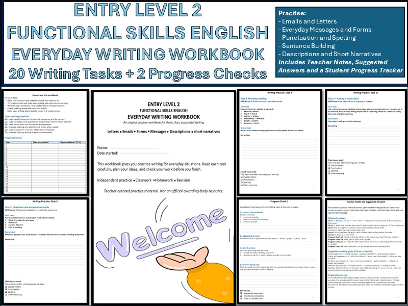 Entry Level 2 Functional Skills English Writing Workbook | 20 Writing Tasks