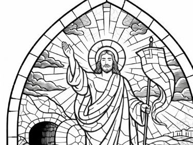 Easter Sunday Christ is Risen Stained Glass Window Colouring Page