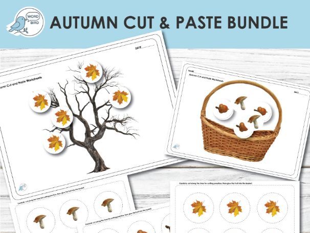 Autumn Cut and Paste Activity Real Photo Autumn Items Preschool Fine Motor Learning Pages