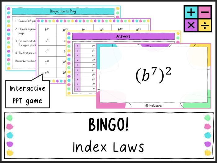 Laws of Indices Bingo Game, Index Law Whole Class Activities KS3/KS4