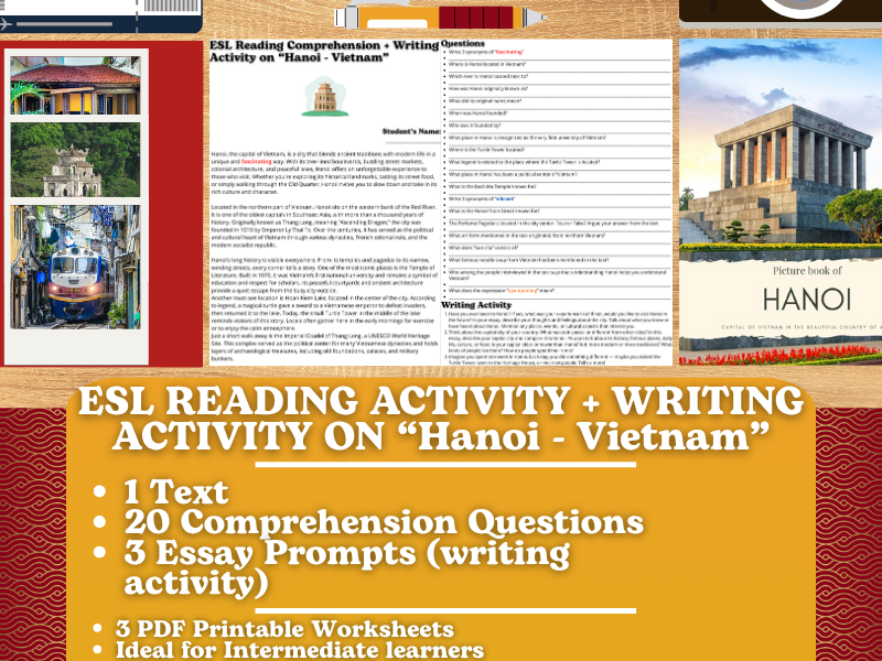 ESL Reading Comprehension + Writing Activity Worksheets on "Hanoi" - Vietnam