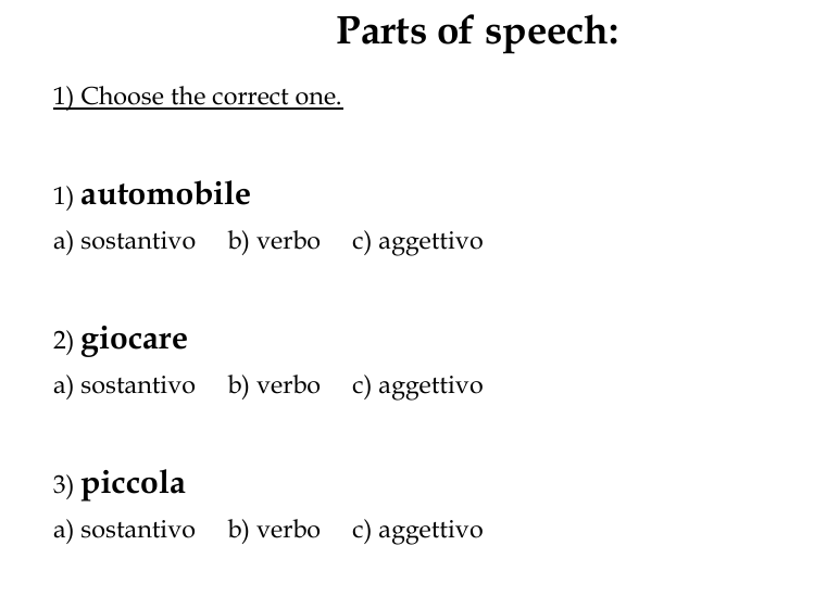 Parts of Speech in Italian Worksheets