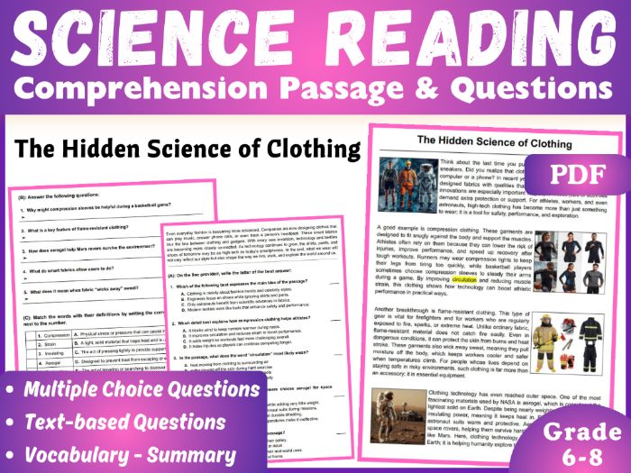 Science Reading Comprehension Passage: The Science of Clothing 4 formats