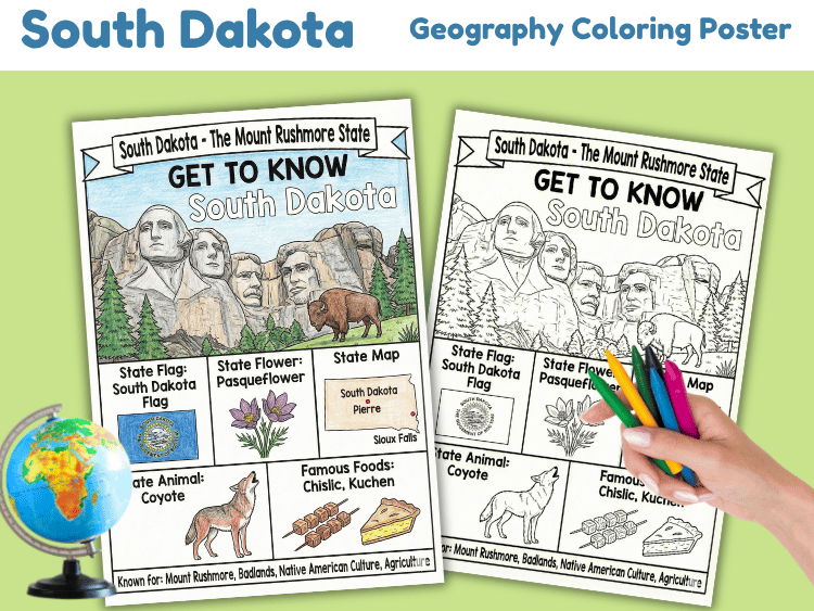 South Dakota Geography Coloring Poster | State Facts & Culture
