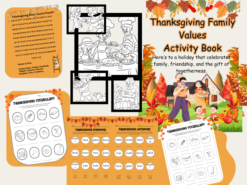 Printable Thanksgiving Family Values Coloring and Activity Book for Kids