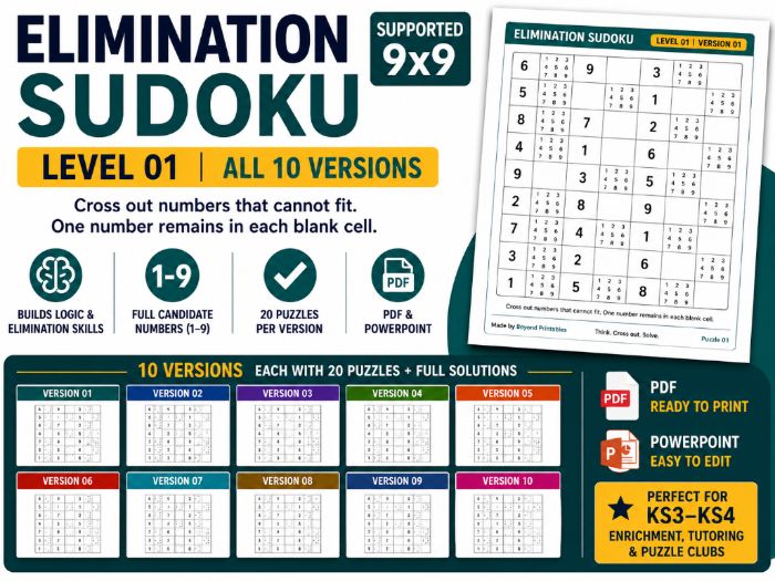 Elimination Sudoku Level 1 Bundle | 10 Versions | 200 Supported 4×4 Puzzles