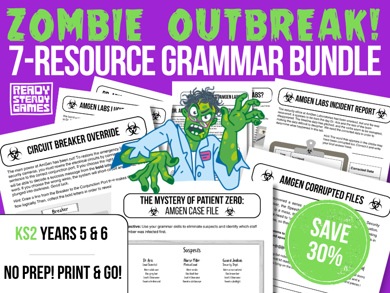 KS2 SPaG Bundle: Puzzles, Activities, Mystery & Editing Challenge | SATs Prep |Y5 Y6 | Zombie Outbreak!