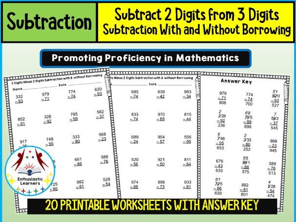 Subtract 2-Digits from 3-Digits Subtraction Worksheets (With & Without Borrowing) – Practice Activit