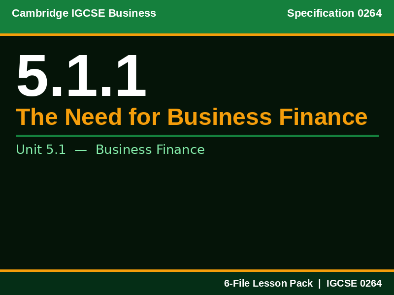 Cambridge IGCSE Business 0264 | 5.1.1 The Need for Business Finance | Lesson Pack