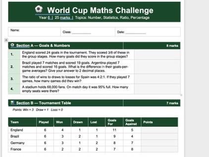 World Cup Maths Worksheet - Year 6