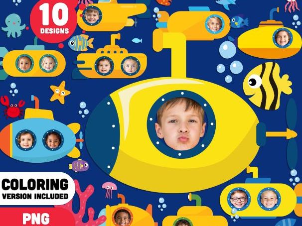 Submarine Add Your Own Face Craft for Kids, Summer Ocean Activity, PNG Files, Coloring Pages