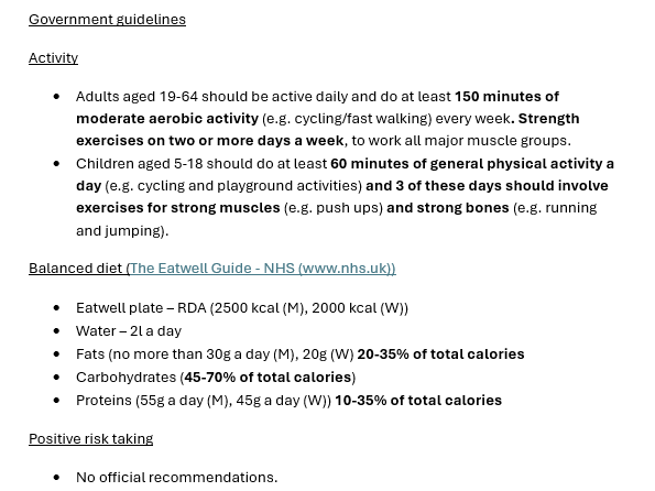 BTEC Level 3 Sport - Unit 2 - Government Guidelines