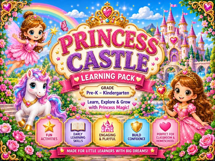 Princess Castle Learning Pack | Math, Tracing, Matching & Vocabulary | Pre-K–Kindergarten
