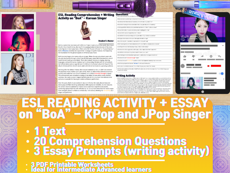 ESL Reading Comprehension + Writing Activity - BoA - Kpop and JPop Singer