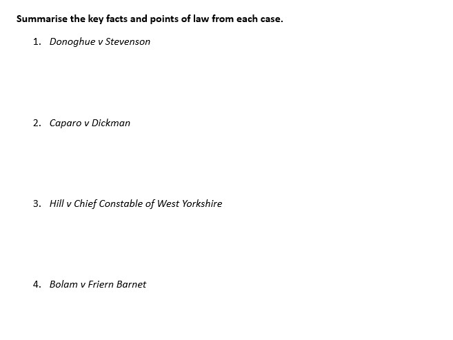 Liability in negligence - Key cases tests (AQA A-level law)