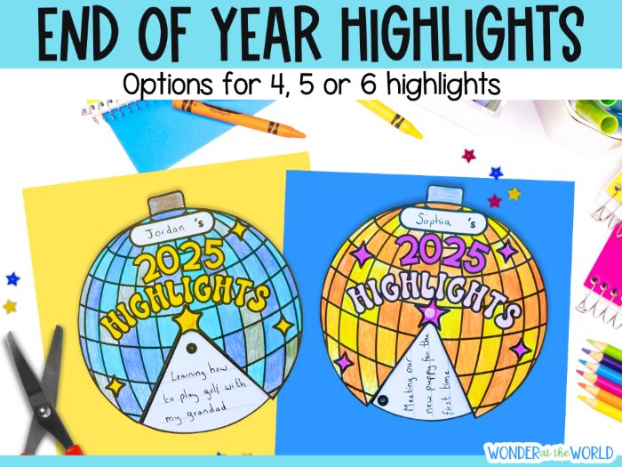 My year highlights disco ball spinner writing craft for end of year December KS1 KS2