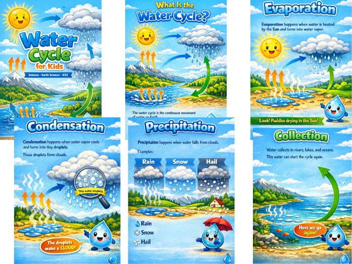 Water Cycle Worksheets for Kids | KS2 Science | Evaporation Condensation Precipitation | Age 7–11 |