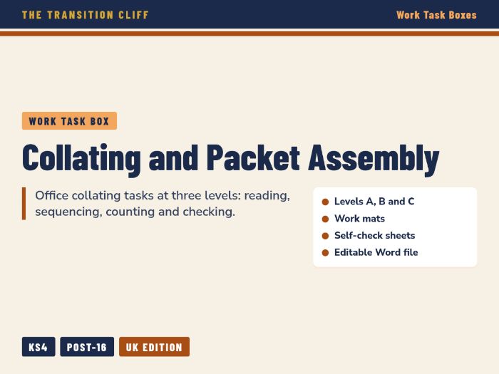 Collating and Packet Assembly Work Task Box: Office Skills (SEND) (UK + US versions)