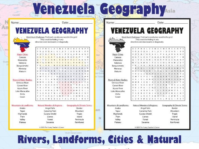 Venezuela Geography Word Search | Rivers, Landforms, Cities & Natural Wonders