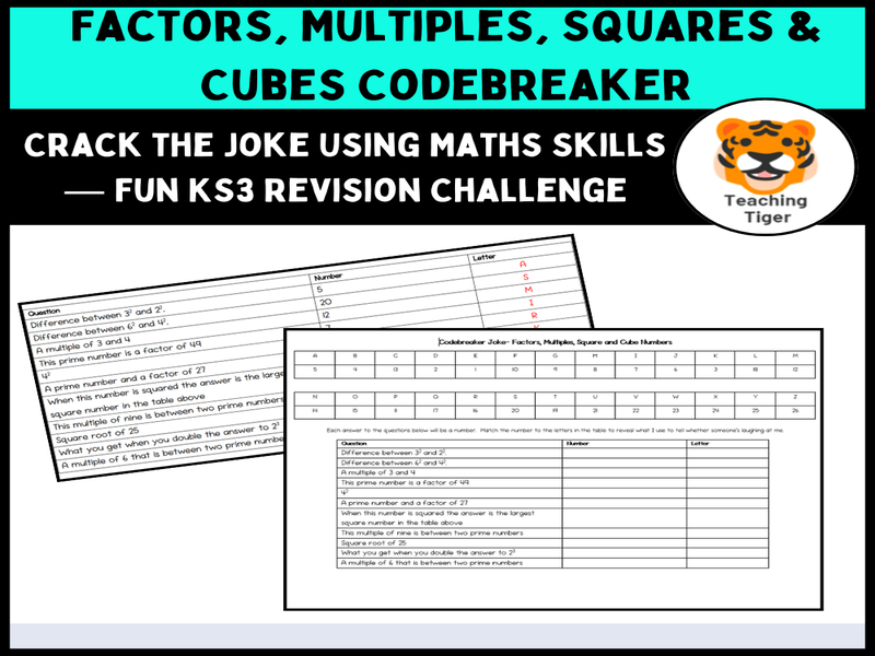 Factors, Multiples, Squares & Cubes Codebreaker | KS3 Maths | Fun Revision Worksheet + Hidden Joke