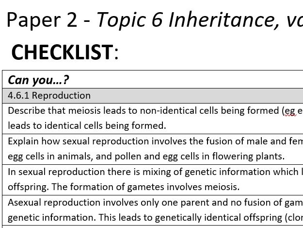 AQA GCSE Biology and Combined Science Topic 6 Inheritance & Variation revision booklet