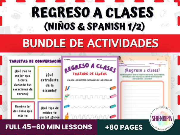 Back to School Spanish Worksheets for 1st, 2nd, 3rd Grade Spanish A1-A2 Level | Primer Día de Clases | BUNDLE