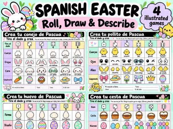 La pascua - Spanish Easter Activities | Roll, Draw & Describe | 4 Illustrated Games