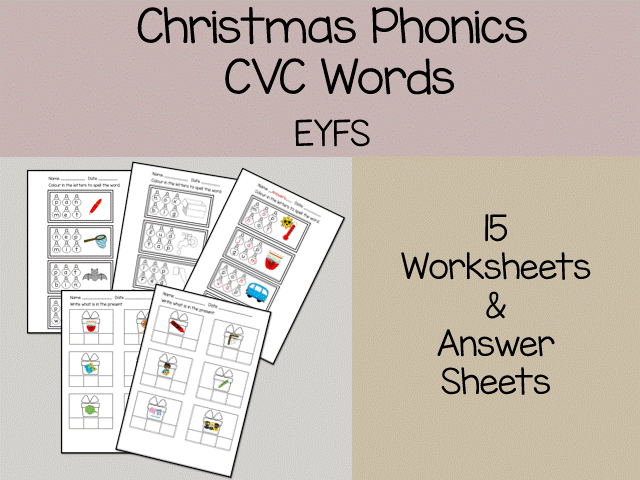 EYFS Christmas Phonics CVC Words Worksheets, Christmas CVC Activities