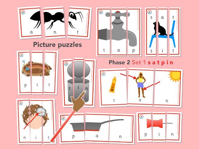 Phonics Phase 2 Word/picture puzzles (s a t p i n) Set 1
