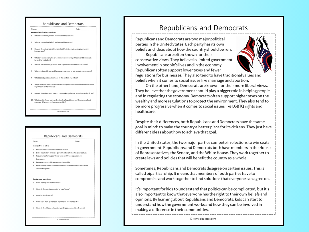 Republicans and Democrats Reading Comprehension Passage Printable ...