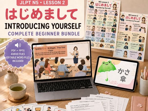 JLPT N5 Japanese Lesson 2 Bundle | Introducing Yourself, Hiragana, PPTX, Worksheets & Audio