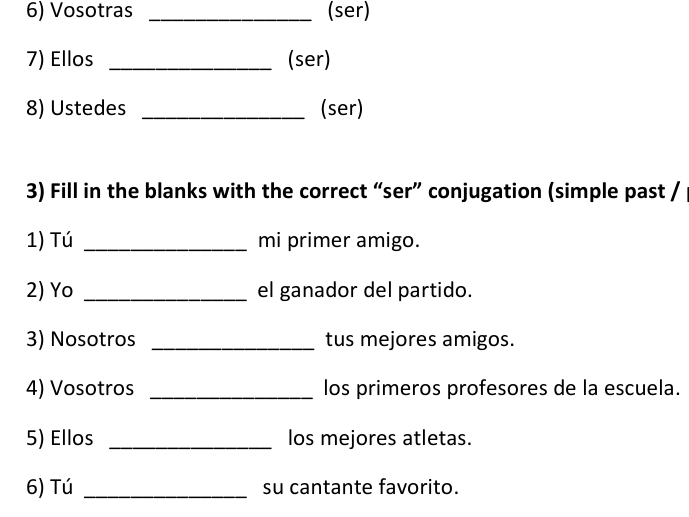 SER Simple Past Tense Conjugation Worksheets