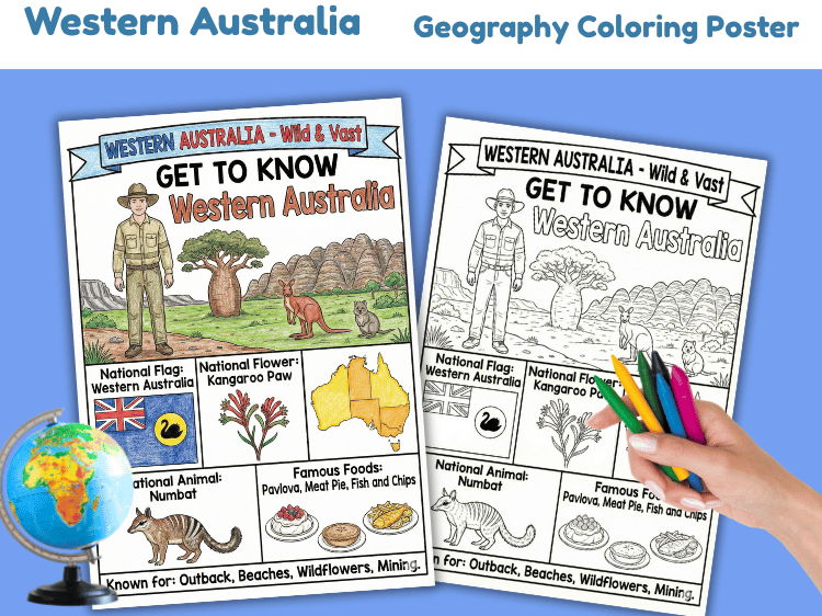 Western Australia Geography Coloring Poster | State Facts Worksheet