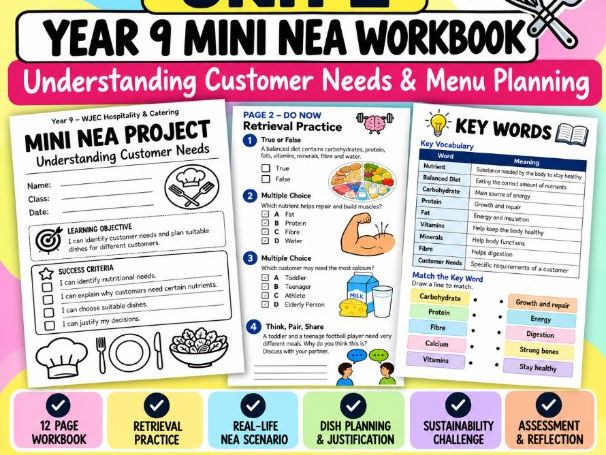 WJEC Hospitality & Catering Unit 2 | Year 9 Mini NEA Workbook – Customer Needs & Menu Planning