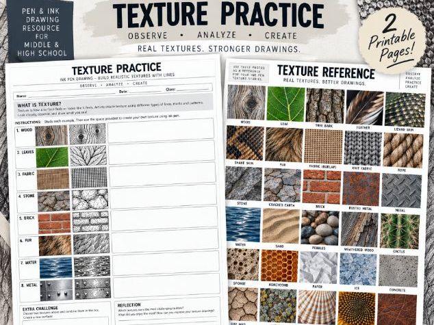 Texture Practice: Real Texture Reference Photos & Ink Pen Drawing Worksheet