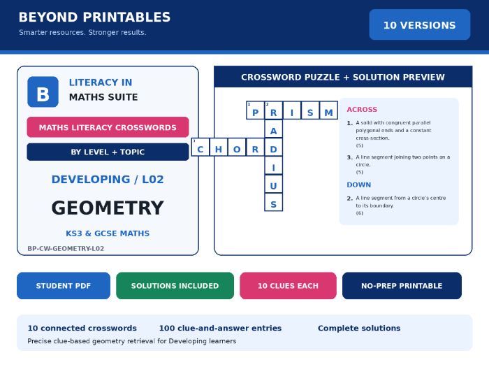 Maths Literacy Crosswords: Developing Geometry | 10 Puzzles + Solutions