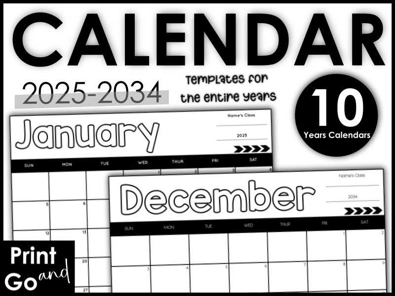 - The Ten Years Calendars - 2025/2034 Blank Monthly Calendar Templates -
