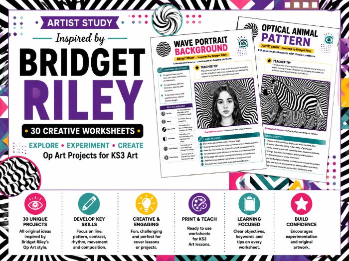 Bridget Riley Inspired Op Art – 30 Creative Art Worksheets | Optical Illusions | KS3 Art