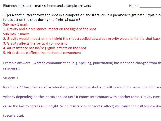 AQA A2 PE - Biomechanics test / worksheet / marking task