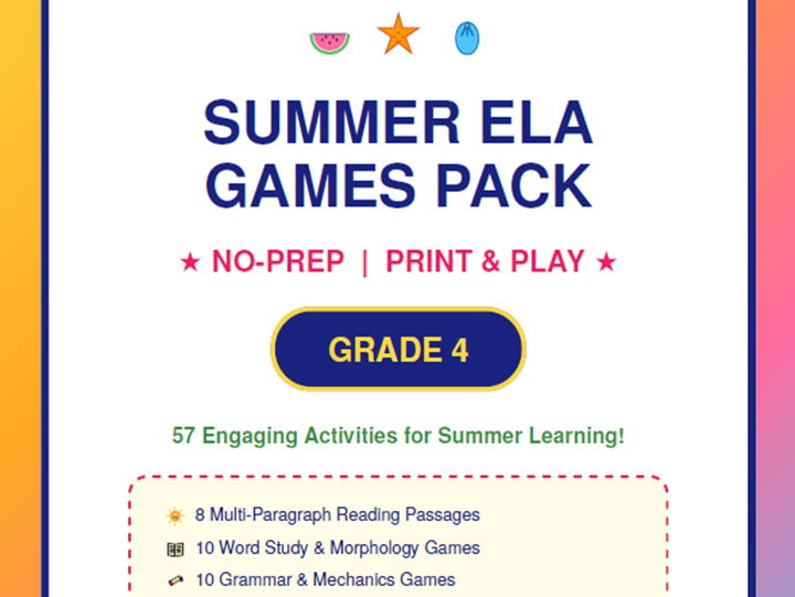4th Grade Summer ELA Games Pack | No-Prep Printables