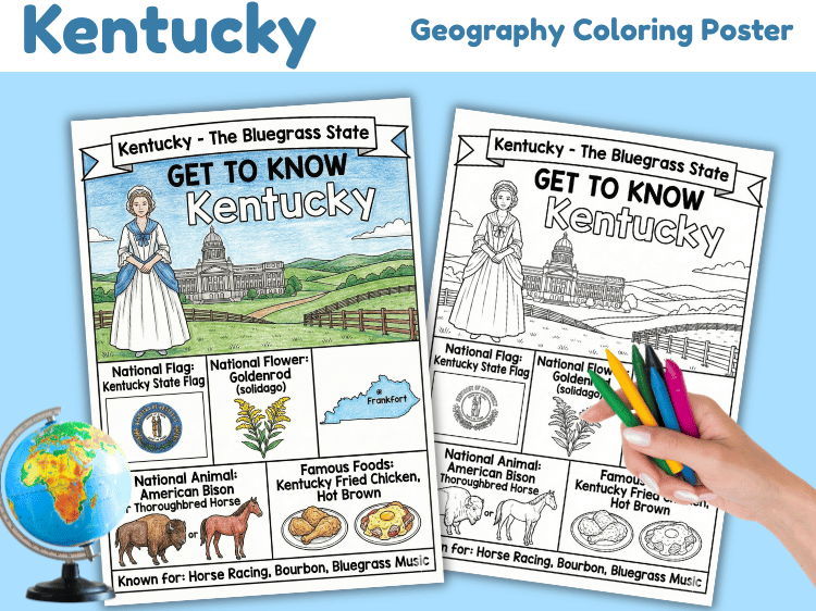 Kentucky Geography Coloring Poster | US State Facts & Coloring Activity