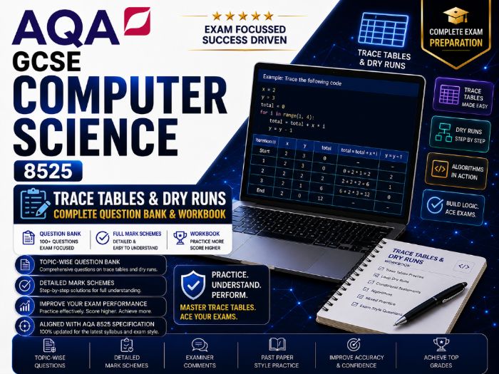 AQA GCSE Computer Science 8525 | Trace Tables & Dry Runs | Complete Question Bank & Workbook