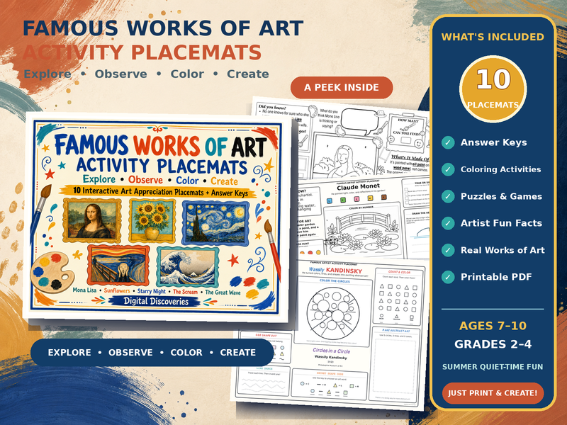 Famous Works of Art Activity Placemats | 10 Printable Art Appreciation Activities with Answer Keys