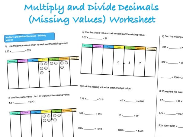 Decimals Worksheet - Multiply and Divide Decimals (Missing Values)
