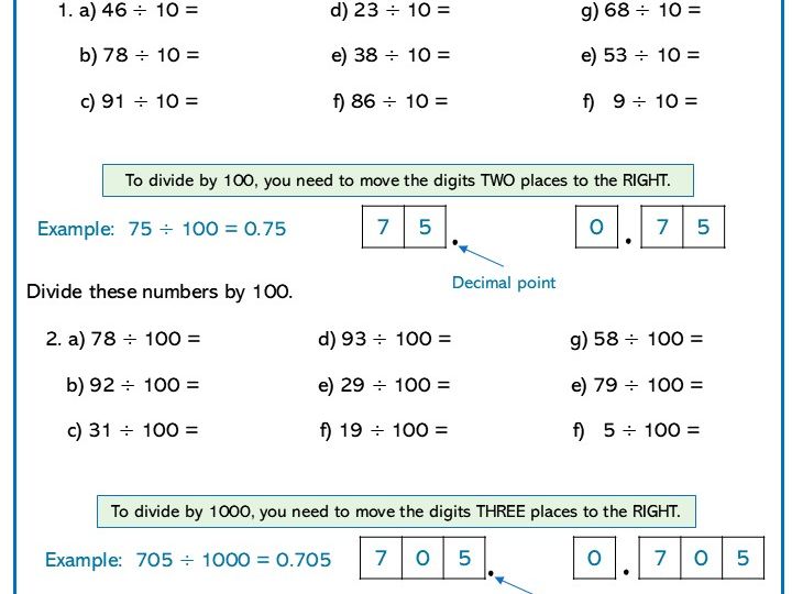Divide by 10, 100 and 1000 Decimals Core